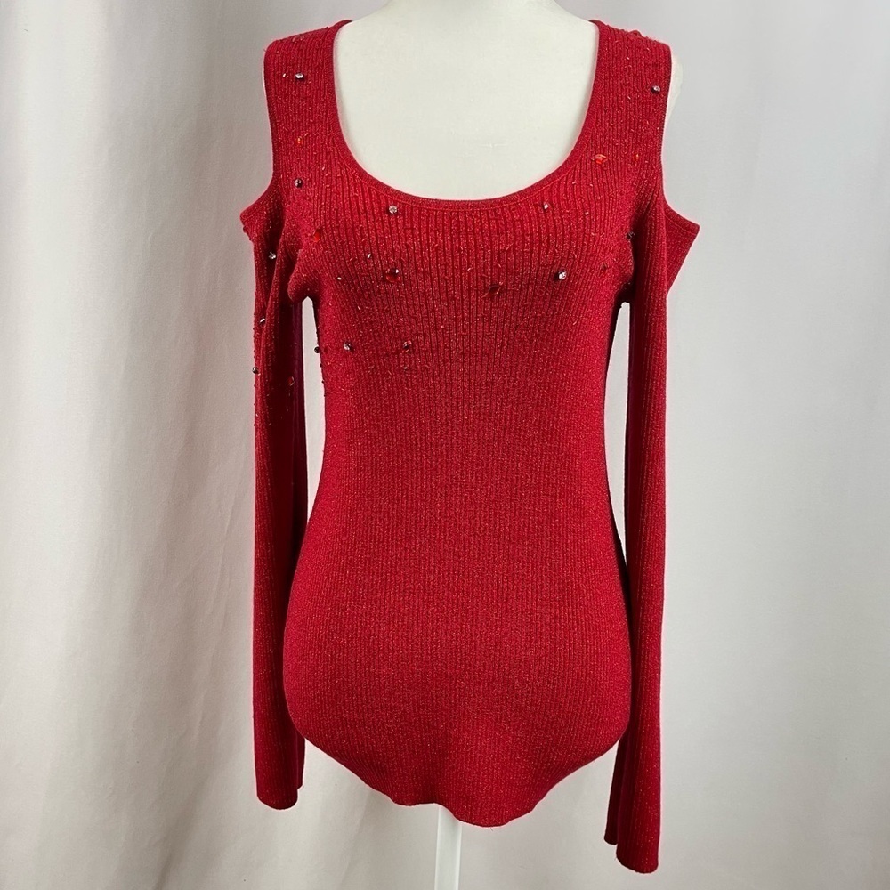 Belldini Large Y2K Cold Shoulder Beaded Rhinestone Ribbed Holiday Top Formal